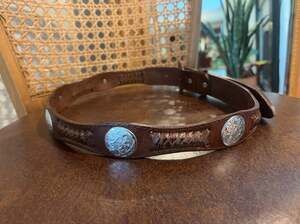 Vintage Tooled Leather Western Belt with Silver Conchos Size 38